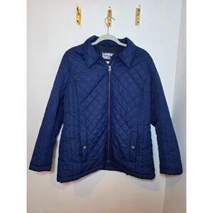 Lands End Jacket Womens Size L P Primaloft Diamond Quilted Navy Blue Full Zip
